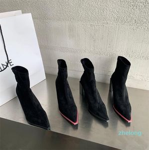 Boots Flock Women Ankle Pointed Toe Sock Booties Shallow Slip On Black Square