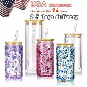 Clear Sublimation Canecas US Warehouse 12 onças 16oz 25oz Tumbler de parede dupla copo de vidro Glitter Globo de neve Diy Blobe lata com tampas de bambu Copo de suco de cerveja copo