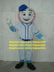 Cool White Ballplayer Bassball Mascot Costume Mascotte Horsehide con cara feliz Blanco Azul Traje deportivo Adulto No.2068 Envío gratis