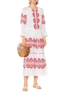 Casual Dresses Boho Inspired White Embroidered Cotton Kaftan Dress Women V-neck Bohemian Drawstring Tires Summer