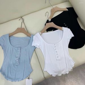 Kadınlar için Kadın Tişörtleri Sıkı Gömlek Kadınlar Yaz U Yakası Tasarım İnce Fit T-Shirts Kadın Gündelik All Maç Kısa Kollu Tees Crop TOP