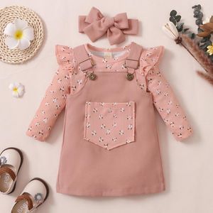 Clothing Sets 3pcs Children Baby Girl Casual Sleeve Knitted Jumpsuits Pocket Suspender Dress Headwear Clothes Infant Cotton Outfits