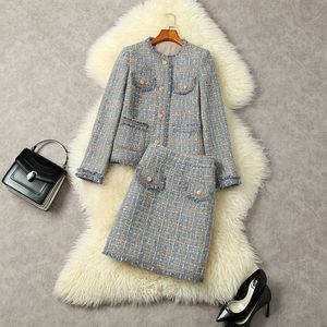 2022 Autumn Grey Contrast Kolor Dwuczęściowy zestaw sukienki Długie rękaw Tweedowy płaszcz z pojedynczym paliwem Tassel Krótkie garnitury L2S262242