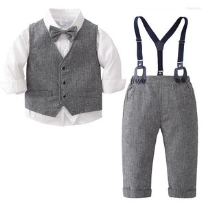 Set di abbigliamento Neonati maschi Abiti formali Completo Autunno Manica lunga Camicia con fiocco Gilet Bretelle Pantaloni Set da gentiluomo Abito da festa di compleanno Regalo