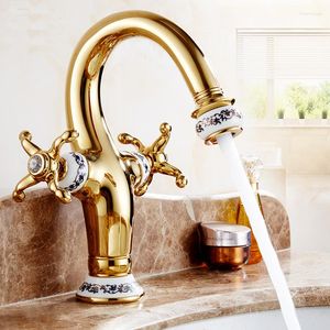 Bathroom Sink Faucets Antique Copper Gold Plated Basin Faucet Mixer Tap 2 Inlet Water Hose Daul Holder Wash And Cold