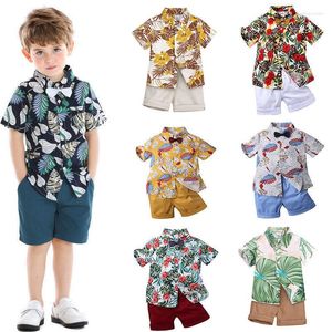Roupas conjuntos de roupas de verão meninos roupas tecidas Cotton Cotton Use terno de manga curta camisa floral shorts crianças roupas havaianas infantis