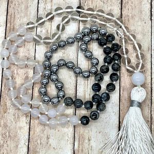 Chains Grounding Clarity Mala Necklace 108 Beads Knotted Tassel Yoga Jewelry Clear Q-uartz Labradorite And Hematite Necklaces