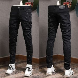 Jeans Painted Damage Manchas Desgastadas Manchas Skinny Fit Preto Vintage Biker Fit Denim