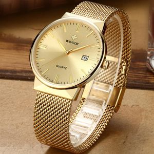 Wwoor Men Simple Slim Watchs Luxury Brand Gold Steel Mesh Ultra sottile da datta impermeabile orologio Golden con confezione 220329246L