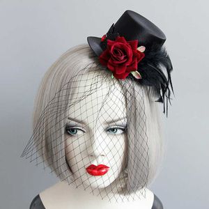 Halloween Feather Netted Hair Accessories Punk Black Feather & Red Rose Fascinators Hats with Veil