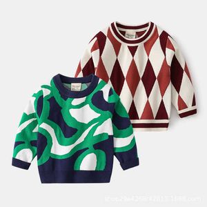 Sweater Boy 2023 Autumn Retro Rhombus Geometric Pullover Round Neck Casual Fashion Warm College Style Sweater