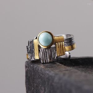 Klusterringar vintage thail￤ndska silver smycken anpassad naturlig malm turkos handgjorda s925 sterling kvinnlig enkel inl￤gg ￶ppnad ring