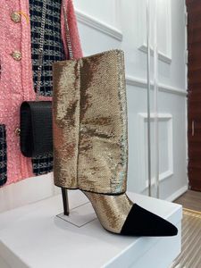 2022SS Balamin Classic Sequin Fabric High Heel Bants Boots 10.5cm تعكس الكعب الأنيق المثير للحجم الحديث 35-41