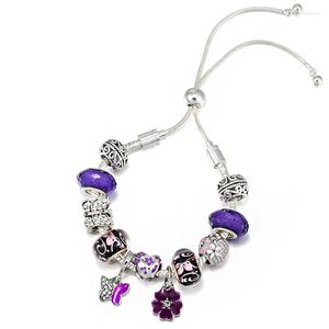 Charm armband lila hjärta klöver charms armband kvinnor justerbara pulsera män emalj blomma glas pärlor diy clear cz fjäril hänge