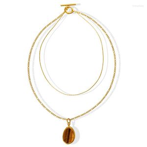 Подвесные ожерелья Davini Fashion Natural Tiger Eye Double Layer Collece Light Luxury Titanium Steel Gold Chepe Chain