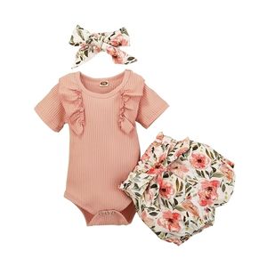 Zestawy odzieży 0-24m Baby Girls Ubrania Letnie niemowlę dzieci marszone wierzchołki kwiatowe szorty na głowę na głowę 3pcs stroje 221103