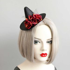 Halloween Witch Hair Accessories Black Netted & Red Flower Witchs Fascinator Hats Masquerade Party Kids Magic Hat