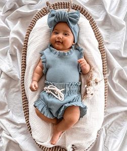 Kleidungssets Baby Sommer 3pcs Kleinkind Kinder Jungen M￤dchen ￄrmeloses solide gestrickte R￼schen BodySuits Shorts Kopfbedeckung Casual Outfits