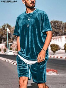 Os homens do tracksuit definem veludo cor s￳lida 2022 o-gola curta camiseta de manga curta drstring stretwear ternos casuais s-5xl 7 y2211