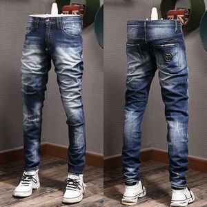 Blå skada jeans män populära denim byxor blyerts ben cowboy byxor smala passform