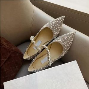 Flat Shoes Designers Shoe Factory Footwear Pearl Pointed Toes Women Luxury Baily Ballet Gem-Embellished Studded Anklet Rhinestone Beaded Mary Jane Slip