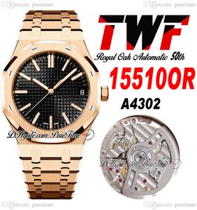 TWF 41mm 1551 A4302 Orologio automatico da uomo 50 ° anniversario Oro rosa Nero Quadrante strutturato Indicatori con cinturino in acciaio inossidabile Orologi Super Edition Puretime E5