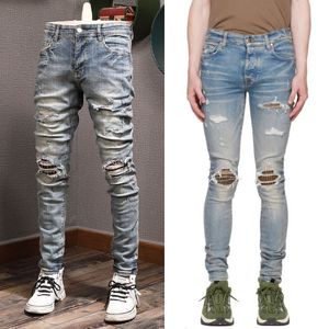 Stitch Detail Plaid Fade Motocycle Jeans For Man Slim Fit High Street Denim Pants