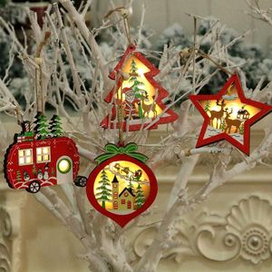 Strings DIY Choinka Dekoracja Dekoracja LED LED Santa Claus Snowman Elk Drewniana wisząca lekka lampa 2022 rok Wakacyjny wystrój