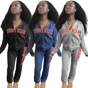 Fall Womens Two Piece Pants Sets Outfits Thicken Letter Printing Tracksuits Long Sleeve Zipper Hoodie and Flare Pant Bulk Item Wholesale Lots Clothing K10605