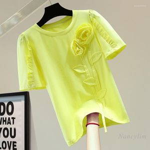 Women's T Shirts Ruffled Stitching T-Shirts For Women Yellow Tshirt 2022 Summer Korean Style Loose Three-Dimensional Flower Solid Color Top