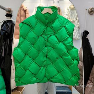 Gilet da donna 2022 Winter Runway Gilet in piumino d'anatra bianco per le donne Colletto alla coreana Gilet fatto a mano in tessuto corto obliquo Verde Blu Nero