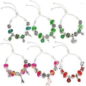 Urok bransoletki marka Regulowana pulsera mężczyźni DIY Różowe zielone szklane koraliki Enamel Heart Lock Key Pony Clover Charms Bransoletka dla kobiet