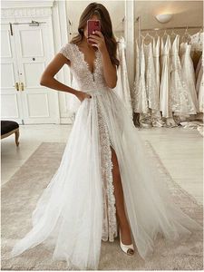 High Split Deep V Neck Wedding Dress with Overskirt A Line Cap Sleeve Lace Tulle Bridal Gowns Modern Chic vestido de noiva