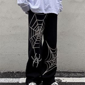 Женские брюки Capris Grunge Punk Spider Web Print Черные брюки Гот уличная одежда Негабаритная Брюки с широкими ногами 90 -х