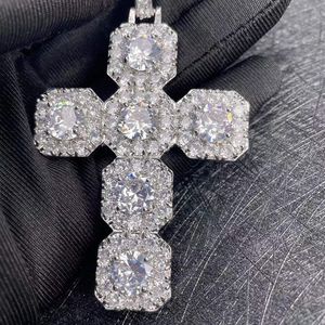 Sparkly Cubic Zirconia Big Cross Pendant Necklace Real White Gold Plated Personalized Full Bling Diamond Charm Hip Hop Rapper Jewelry Birthday Gifts for Men Women