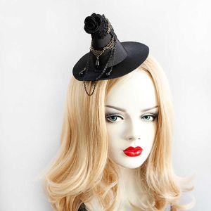 Black Witch Fascinator Hat Halloween Hair Jewelry Gothic Style Flower/Chain Tassel Sorceress för Cosplay Stage Performance Hair Accessories