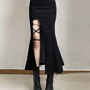 Skirts Sylcue Black Sexy Mysterious Royal Sister All-Match High Street Design Trend Mature Cool Slit Women's Flared Skirt Girl 221103