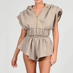 Kvinnors spårningsdräkter 2 stycken Set Woman Zipper Bat Sleeve Hooded Shoulder Pads Top och Elastic midjeshorts Kvinnors träning Löst avslappnad