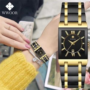 WWOOR Ladies Assista Top Brand Mark Japanese Quartz Assista Quadrado Black Gold Watch Aço inoxidável à prova d'água Moda Women Watch 2272K