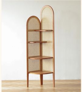 Modern Rattan Corner Cabinet: Solid Wood Triangle Bookshelf for Home Storage and Decoration