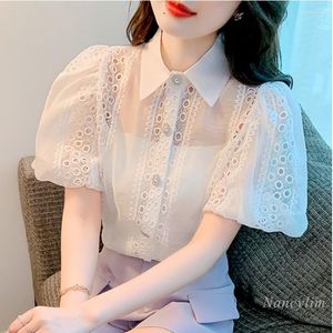 Blouses feminina verão Camisa de chiffon branca mulher 2022 LONCO ESTILO francês Hollow Out Short Puff Sleeve Chic Top feminino BLUSAS