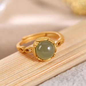 Klusterringar original naturlig Hetian Jasper mun justerbar ring kinesisk stil retro unik forntida guldhantverk charm kvinnors silver