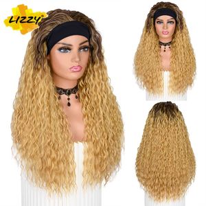 Syntetyczne peruki pałki na głowę peruki syntetyczne kręcone peruki dla czarnych kobiet miodowe blond cosplay włosy Ombre luźne peruki głębokie fali z przyczepionymi opaskami T221103