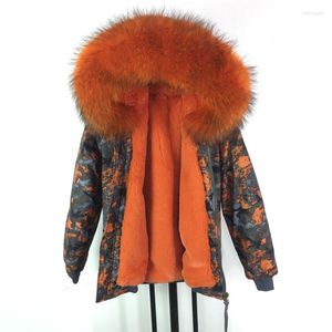 Women's Fur Winter Design Orange Women Bomber Jacket Big Raccoon Hooded Printing Bombers