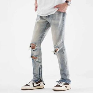 Мужские джинсы Мужские и женские брюки одинакового стиля Четыре сезона Trend Рваные синие джинсовые строчки Прямые роскошные джинсы Уличная одежда Ins T221102