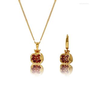 Anhänger Halsketten Marke Original Design Granatapfel Halskette Schlüsselbeinkette Dangle Ohrring mit rotem Kristall für Frauen Messing plattiert k Gold