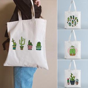 Aufbewahrungstaschen Kaktus-Druck Einkaufstasche Handtasche Frauen Canvas Tote Cartoon Weiß Eco Hohe Kapazität Shopper Schulter Student Schule