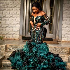 African Emerald Green Mermaid Prom Dresses 2023 Sparkle Long Sleeve Evening Gowns Full Sleeves Off Shoulder Ruffles Plus Size Party Dress wly935