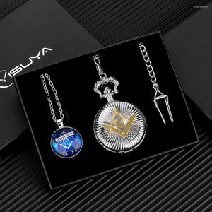Pocket Watches Freemason Watch Set Fashion Fashion Silver Quartz Reloj Carta G Cabecillo Accesorios Caja de regalo Tarjeta de regalo para padre