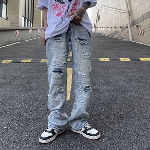 Herren Jeans Ripped Hole Retro Washed Herren Jeans Streetwear Distressed Casual Baggy Denim Hosen Harajuku Straight Vibe Style Lose Hosen T221102